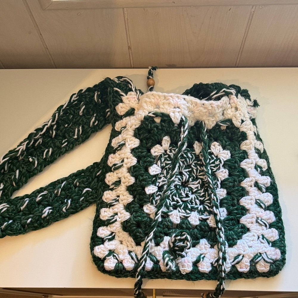 Handmade Green and White Crochet Crossbody Bag